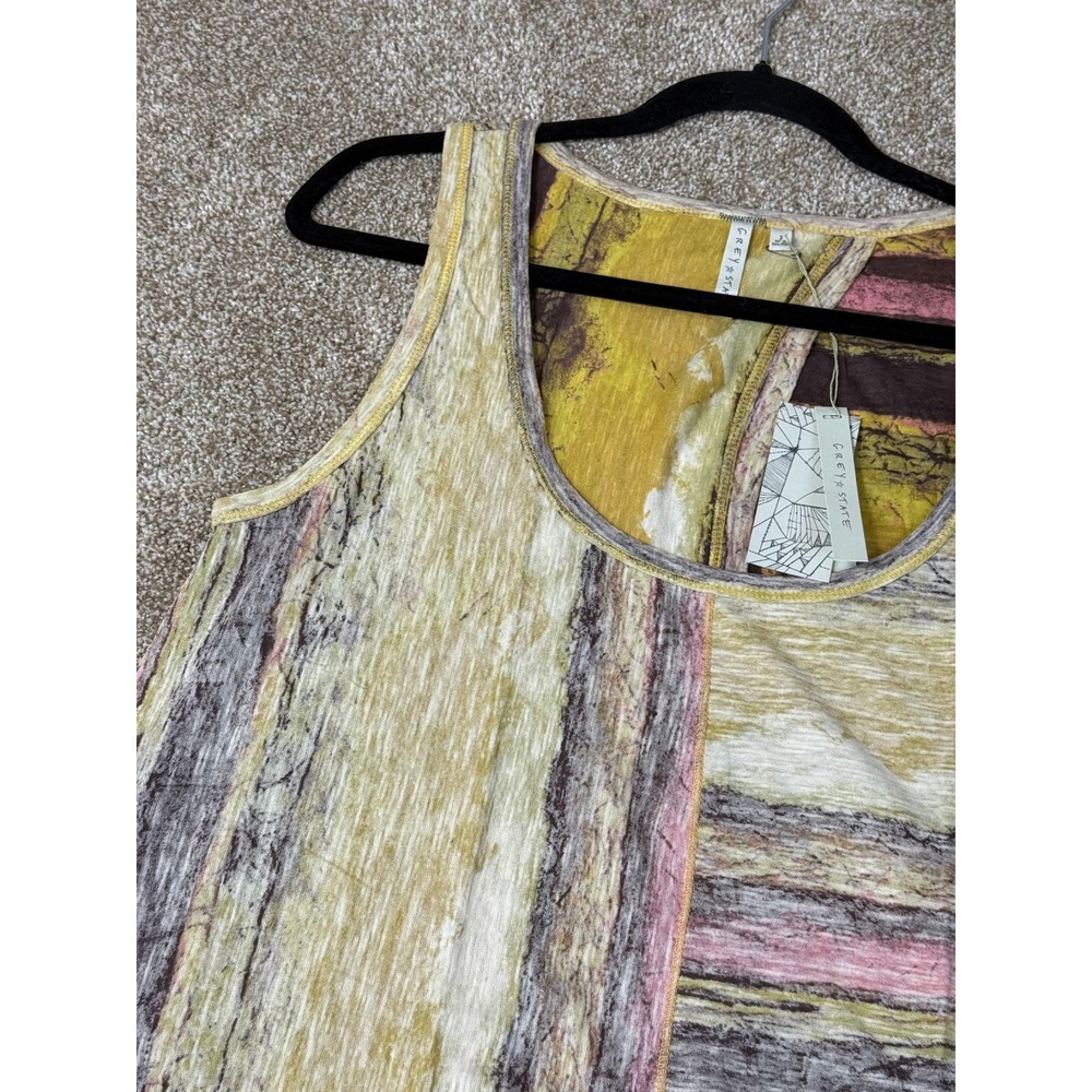 NEW‎ Grey State Stripe Tank Top Womens 3 Cotton Linen Split Back Sleeveless